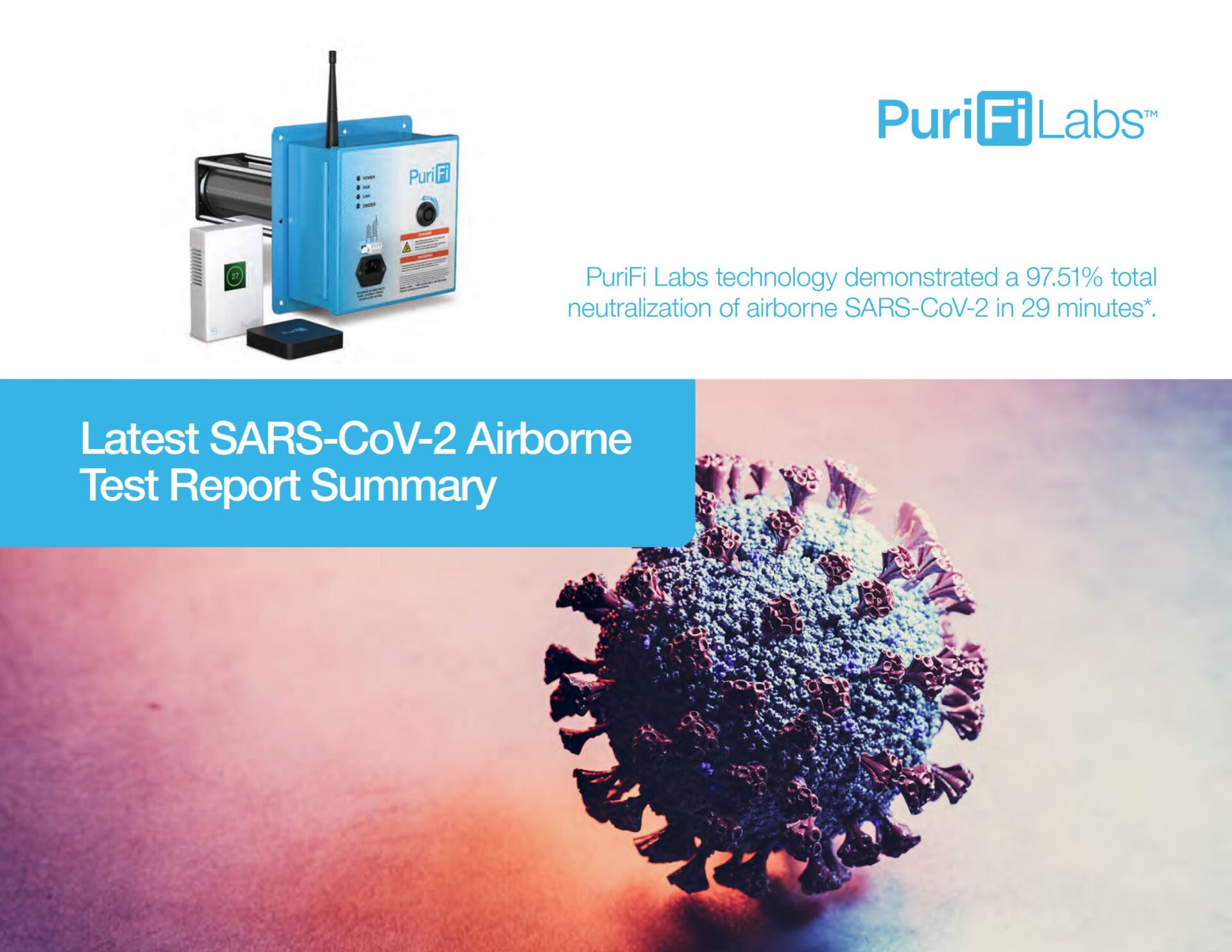 PuriFi SARS-CoV-2 testing, PuriFi announces neutralization test results of airborne enveloped virus SARS-CoV-2 by BSL-3 laboratory, under&nbsp;real-world&nbsp;conditions.