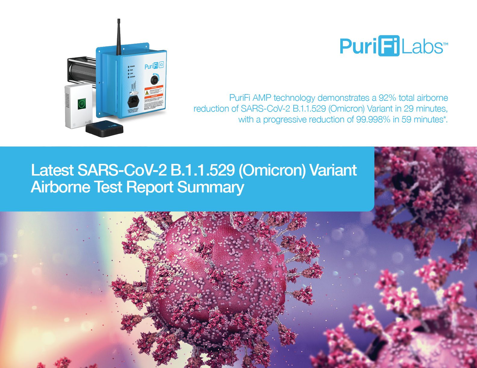 PuriFi omicron variant testing, PuriFi demonstrates 92% total airborne reduction of SARS-CoV-2 B.1.1.529 (Omicron) Variant in 29 minutes, with a progressive reduction of 99.998% in 59 minutes*.